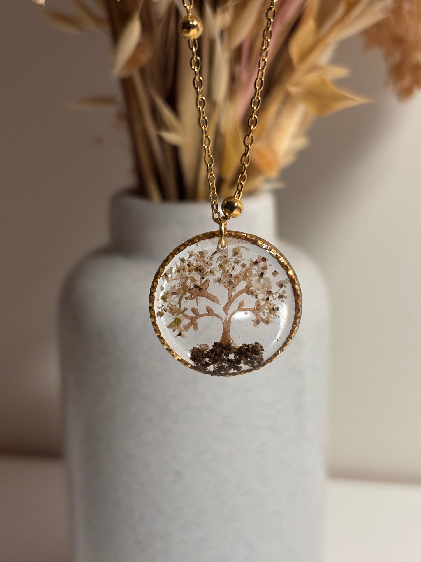 Collier Arbre de vie fleurs de carotte sauvage et terre