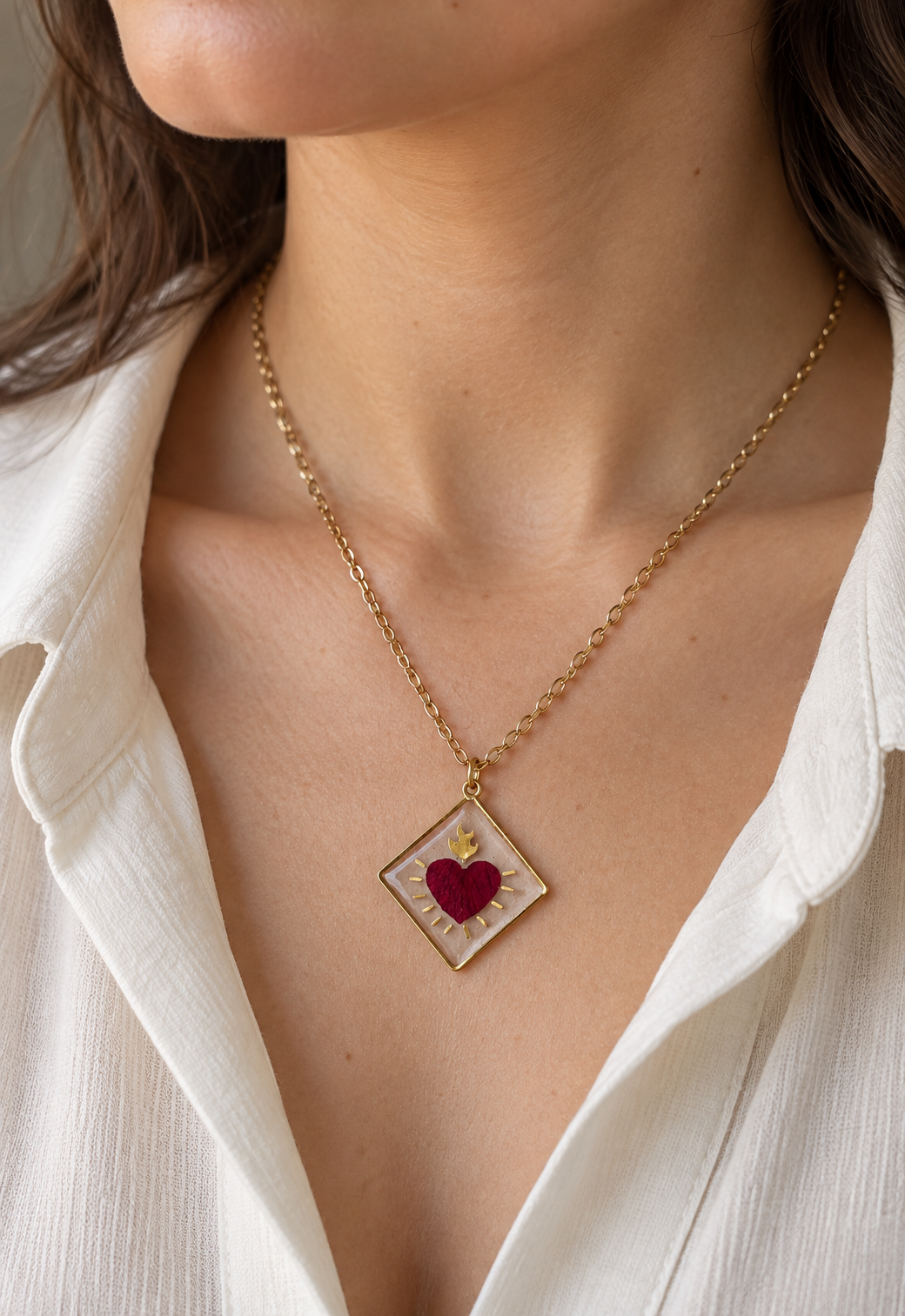Collier Cœur Ex-voto avec pétale de rose