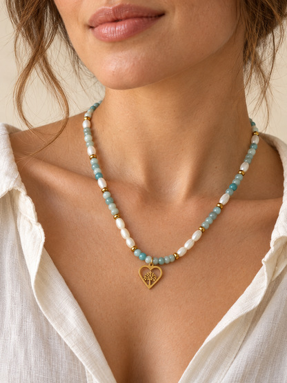 Collier en amazonite et nacre – Cœur arbre de vie