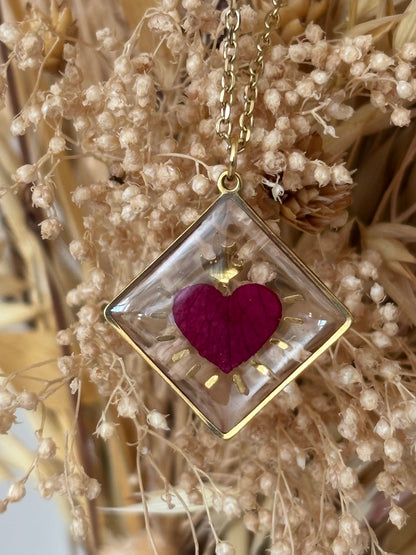 Collier Cœur Ex-voto avec pétale de rose