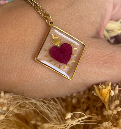 Collier Cœur Ex-voto avec pétale de rose