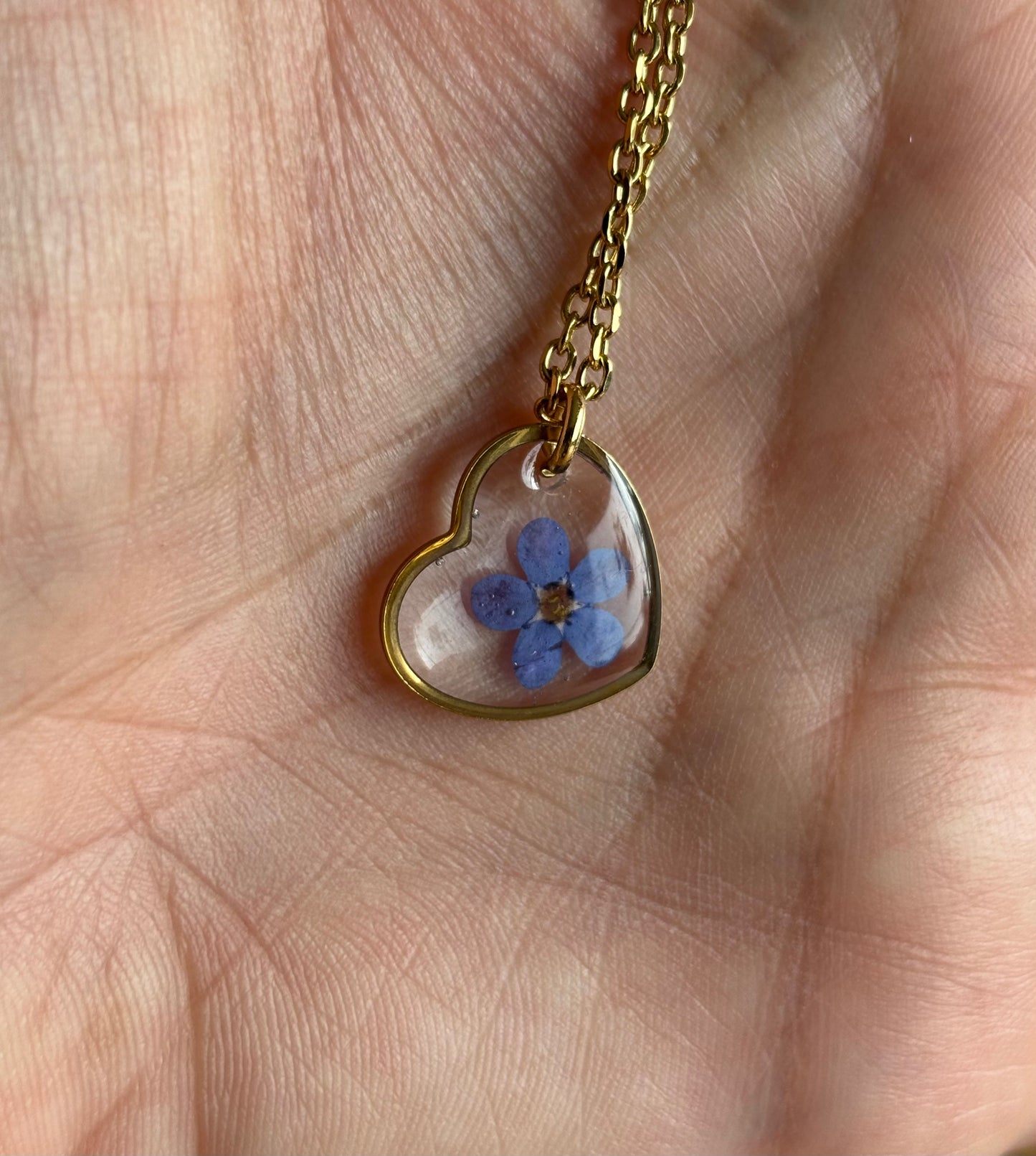 Collier coeur myosotis fleur séchée