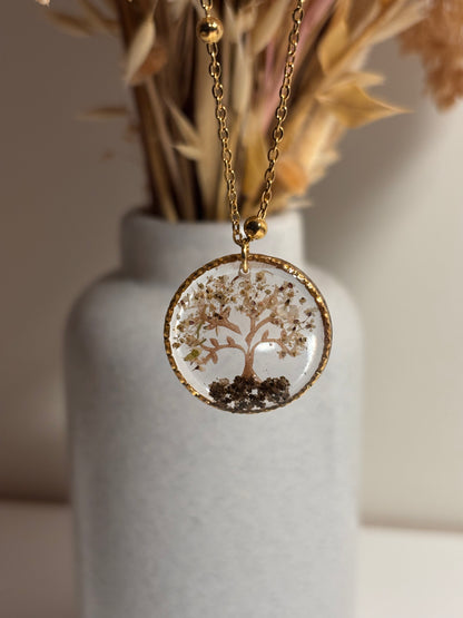 Collier Arbre de vie fleurs de carotte sauvage et terre