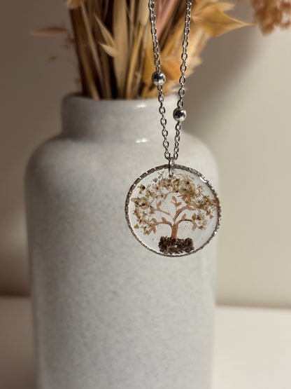 Collier Arbre de vie fleurs de carotte sauvage et terre