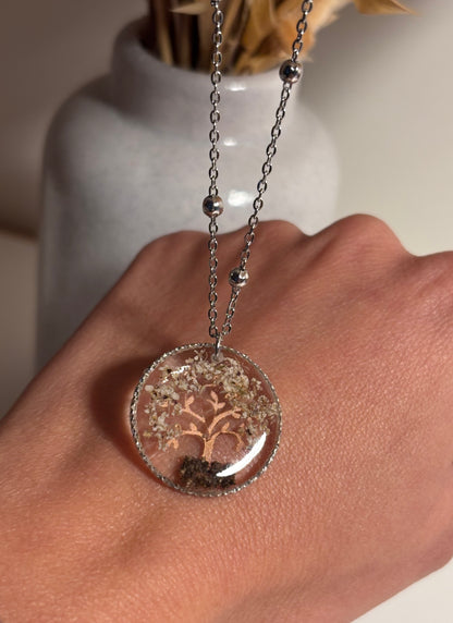Collier Arbre de vie fleurs de carotte sauvage et terre