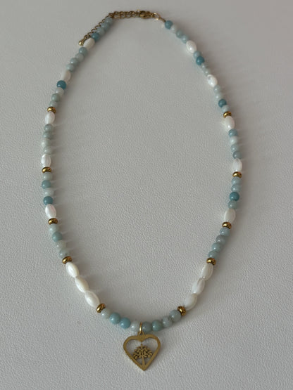 Collier en amazonite et nacre – Cœur arbre de vie