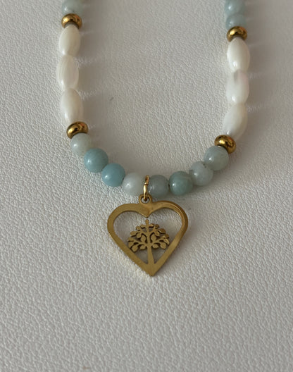 Collier en amazonite et nacre – Cœur arbre de vie